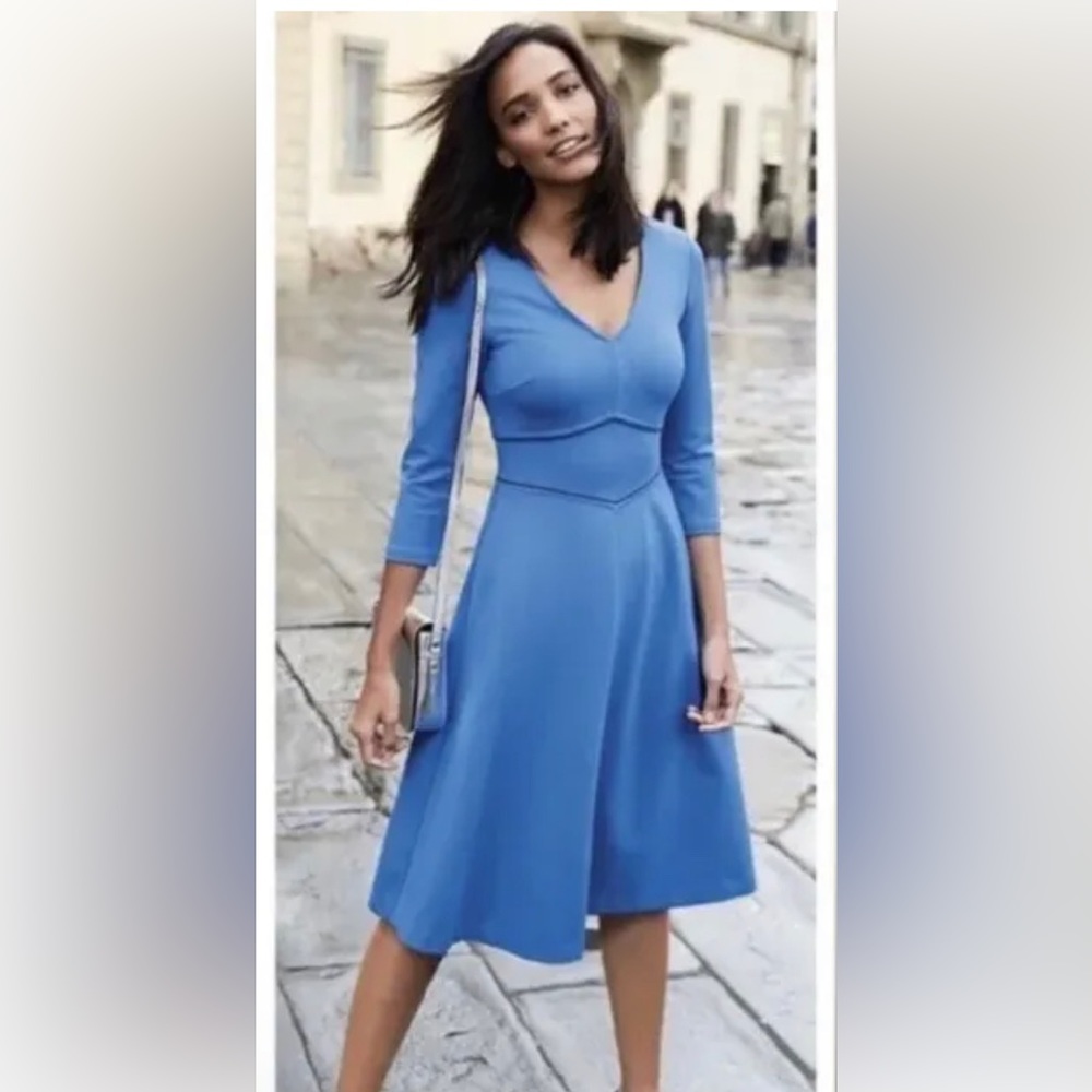 Boden Women’s Bryony Dress Size 8L Blue Fit & Flare Ponte Knit 3/4 Sleeve Lined